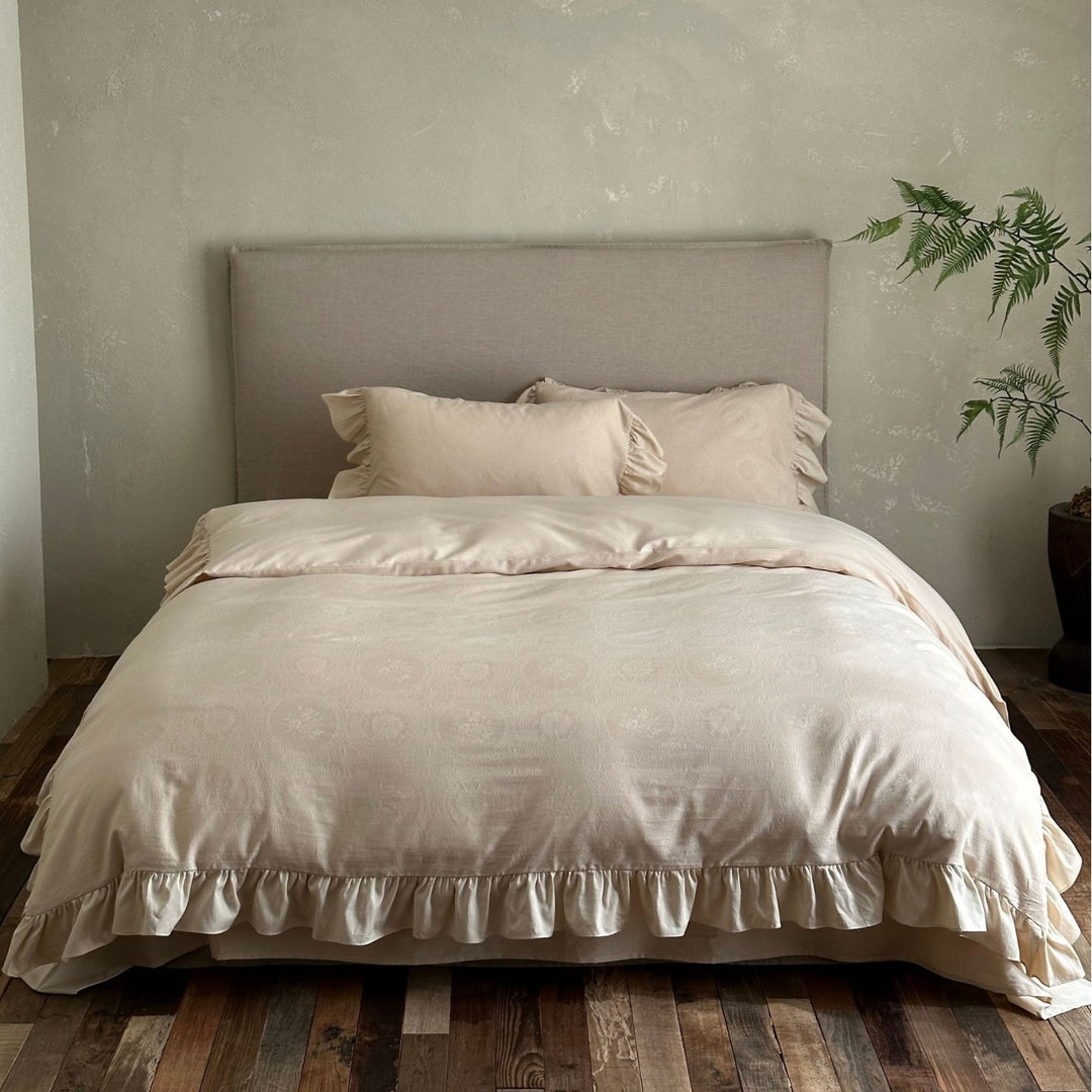 Jacquard Medallion Duvet Cover Set with Ruffled Skirt and Ruffled Shams