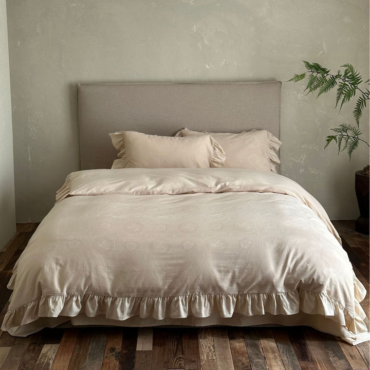 Jacquard Medallion Duvet Cover Set with Ruffled Skirt and Ruffled Shams