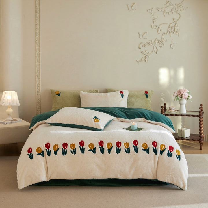 Plush duvet cover set with embroidered tulips, cozy teddy fleece, reversible function, and matching pillowcases