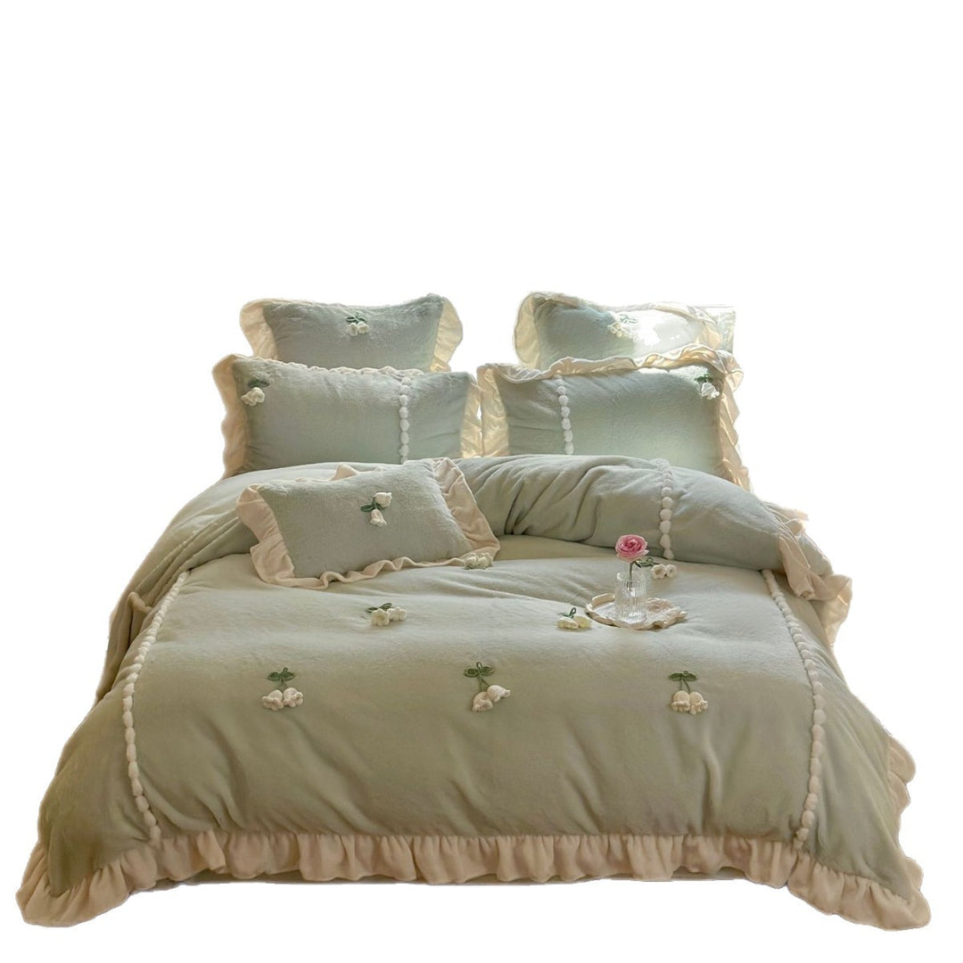 Floral Embroidered Ruffled Duvet Cover Set