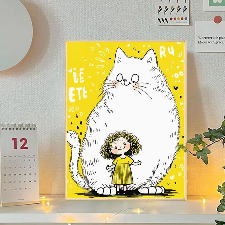 Playful Cat and Girl Illustration Canvas Art Stornfield