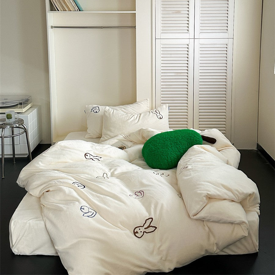cozy fluffy microfiber bedding set with embroidered rabbit motifs