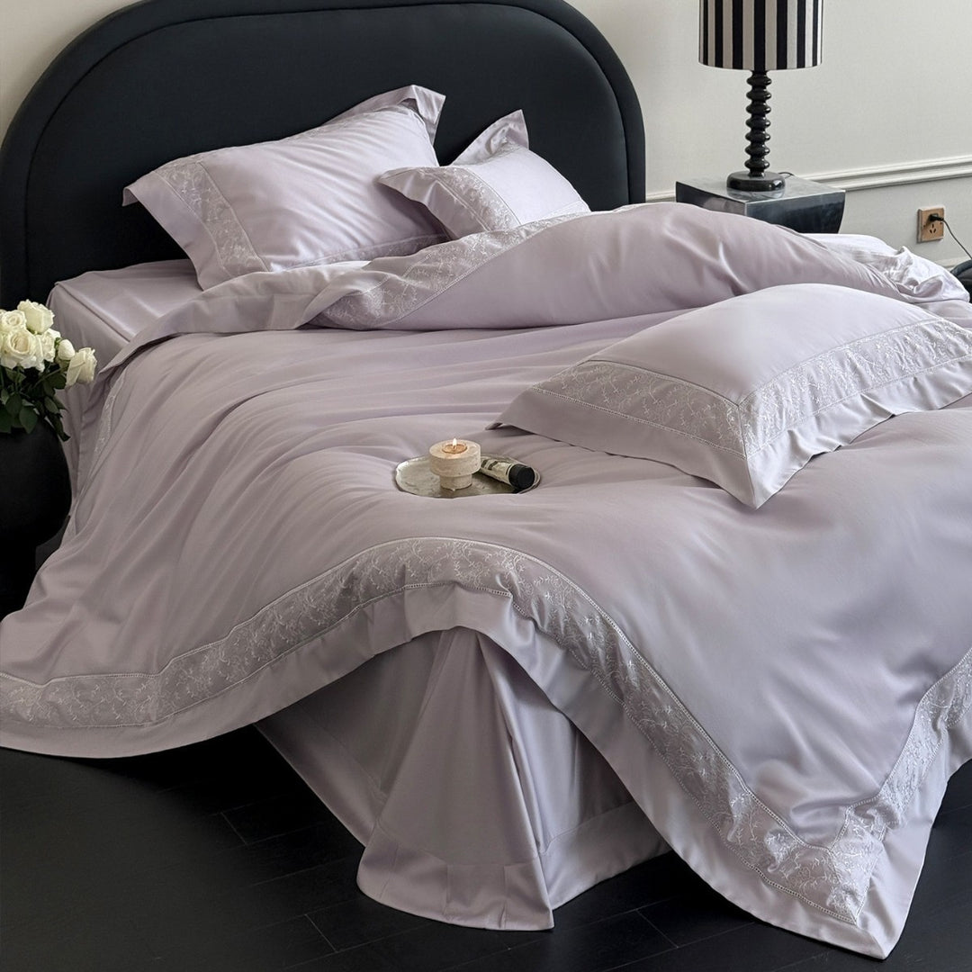 Sateen Duvet Cover Set with Delicate Vine Embroidery and Deep-Fitted Skirt