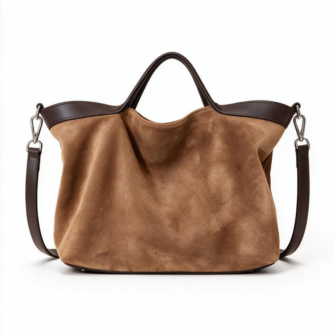 Suede Slouch Shopper Tote with Contrast Leather Trim & Removable Crossbody Strap