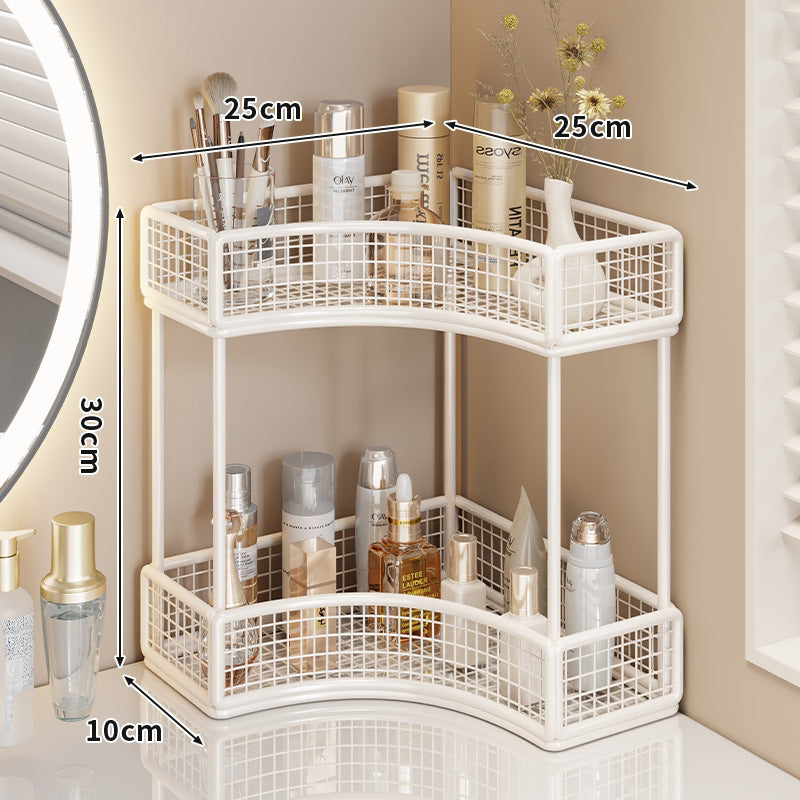 Curved Corner Triple-Tier Metal Mesh Vanity and Countertop Organizer