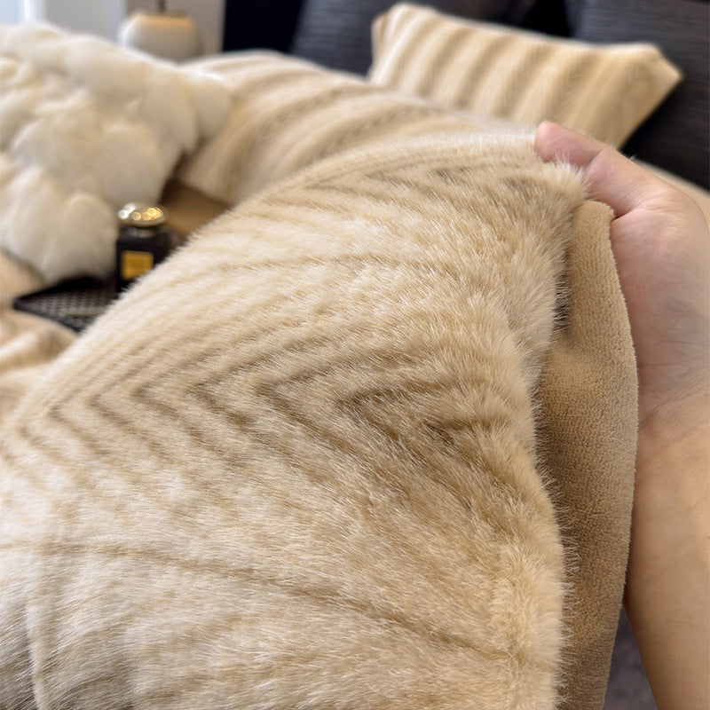 Plush Reversible Faux Fur Comforter with Chevron Quilted Microfleece Backing