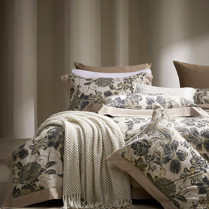 Botanical Rose-Motif Cotton Sateen Duvet Cover Set with Silk-Feel Border