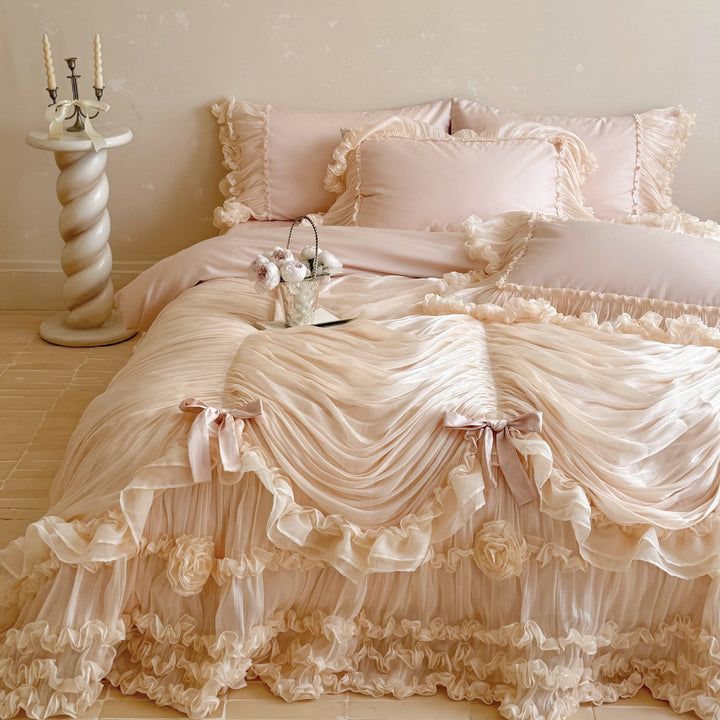 Romantic bedding set with gathered chiffon ruffle and decorative pillow