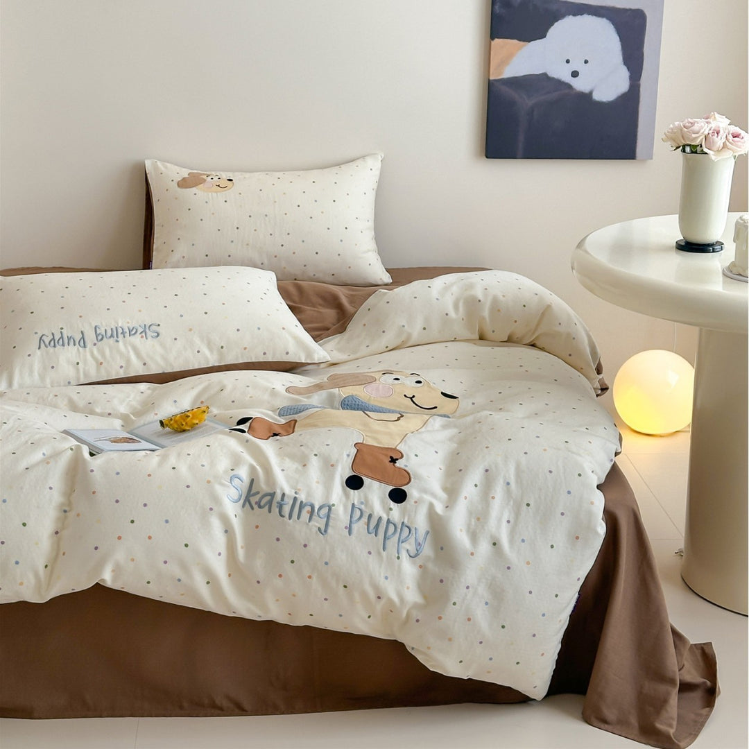 Kids Cotton Duvet Cover Set with Appliqué Bunny and Pastel Heart Print Reversible Lining