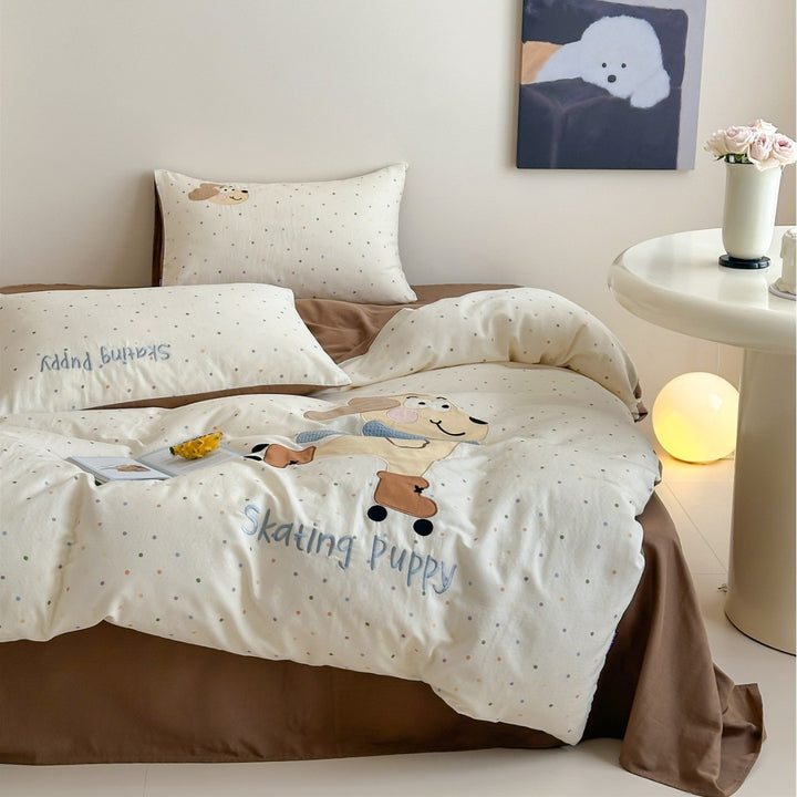 Kids Cotton Duvet Cover Set with Appliqué Bunny and Pastel Heart Print Reversible Lining