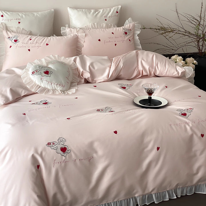 Ruffled Heart-Embroidered Cotton-Sateen Duvet Cover Set with Decorative Heart Cushion