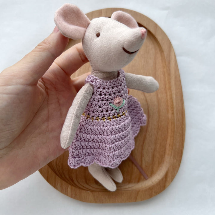 Handcrafted Linen Cotton Mouse Doll with Crochet Dress and Embroidered Flower