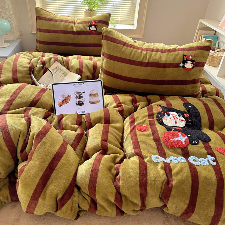 Plush Embroidered Cat Stripe Comforter Bedding Set