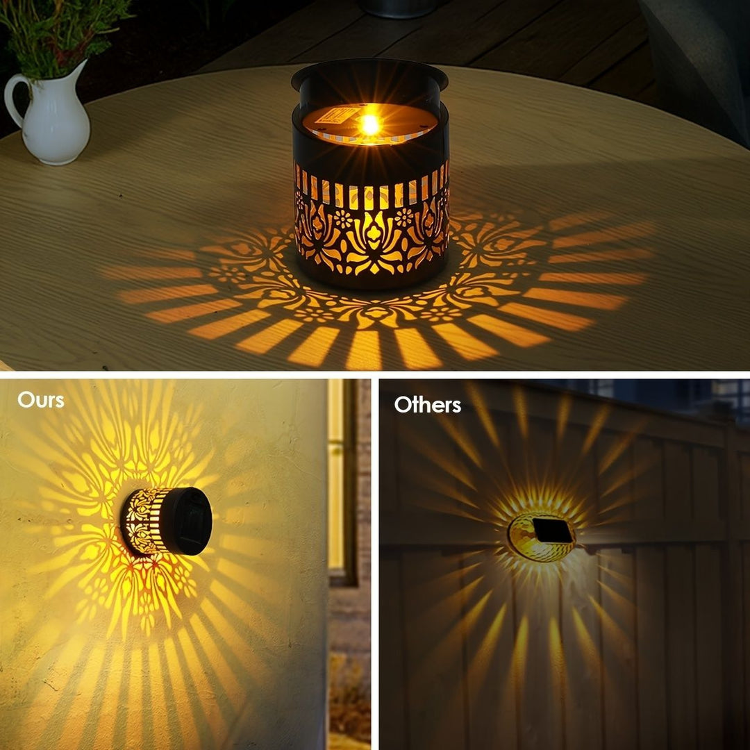 Decorative Solar-Powered Metal Lantern With Geometric Cutout And Warm LED Candle Effect Stornfield