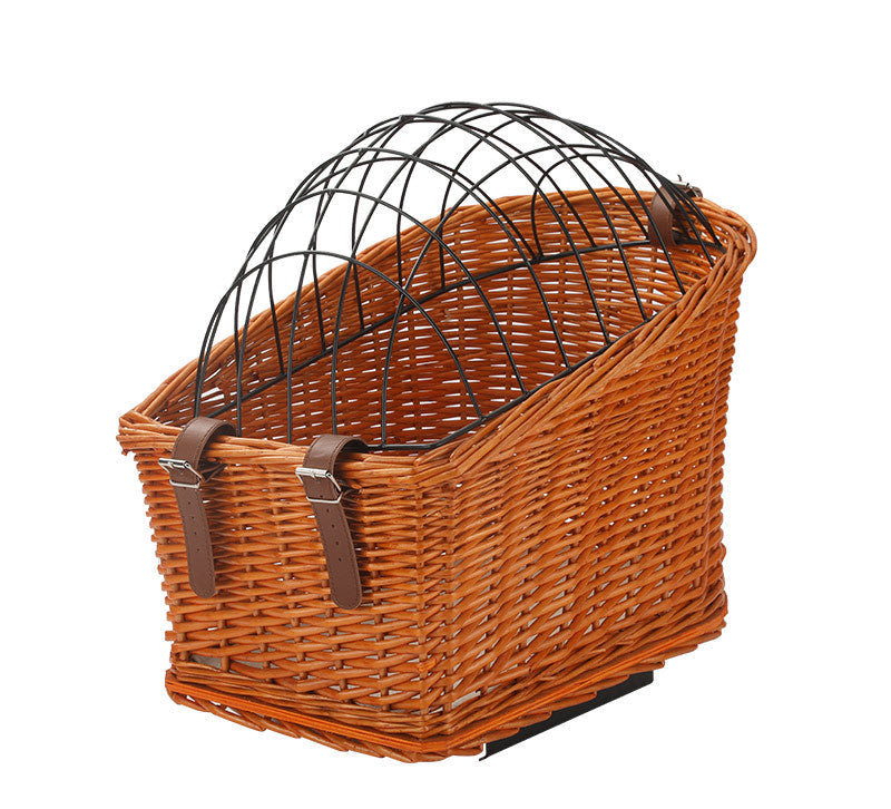 front-mount wicker bicycle pet carrier basket with foldable metal safety dome and adjustable leather buckle straps Stornfield
