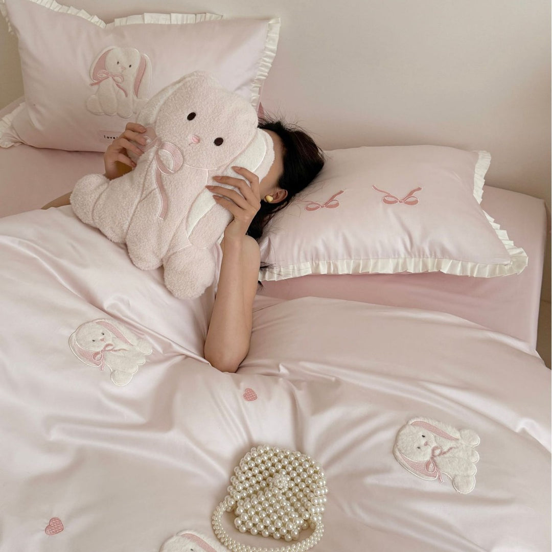 Embroidered Satin Duvet Cover Set with Ruffled Pillowcases & Plush Accent