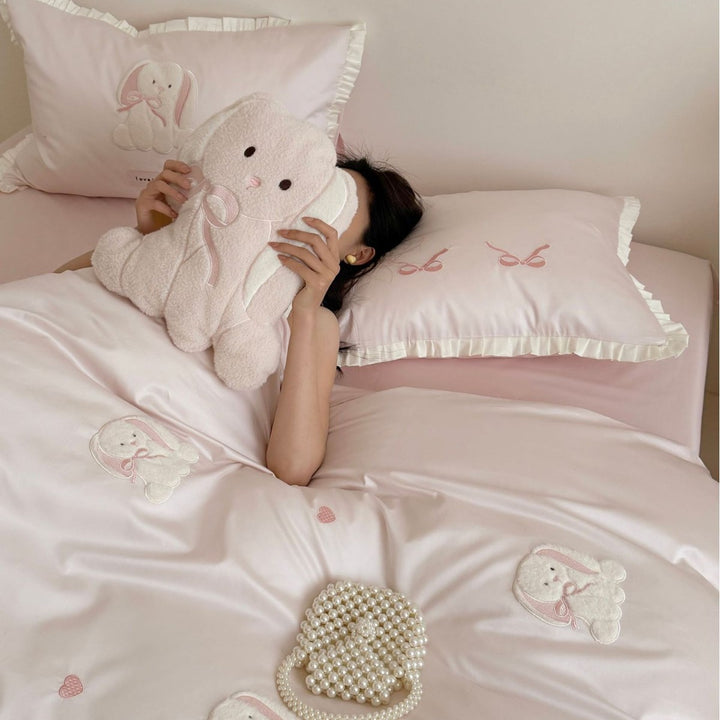 Embroidered Satin Duvet Cover Set with Ruffled Pillowcases & Plush Accent