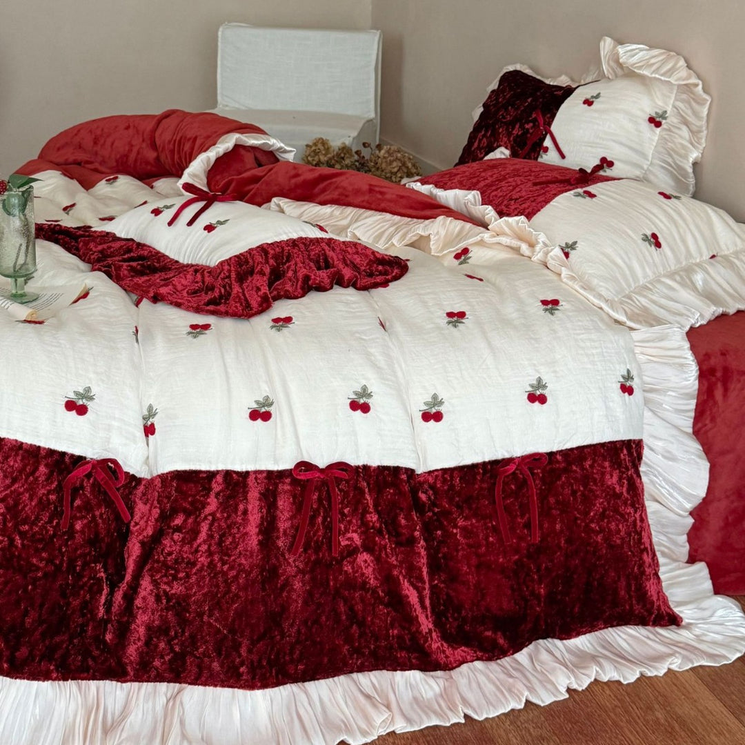 Luxurious Velvet Embroidered Cherry Ruffle Bedding Set