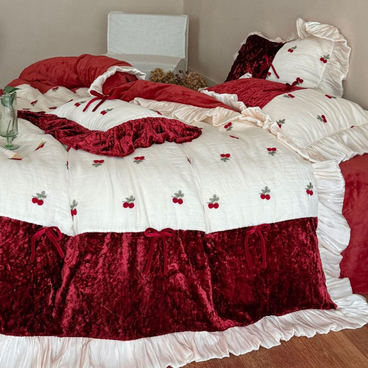 Luxurious Velvet Embroidered Cherry Ruffle Bedding Set