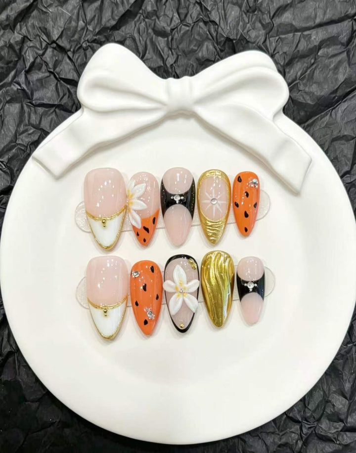 Decorative Press-On Nail Art Set with Floral and Whimsical Designs