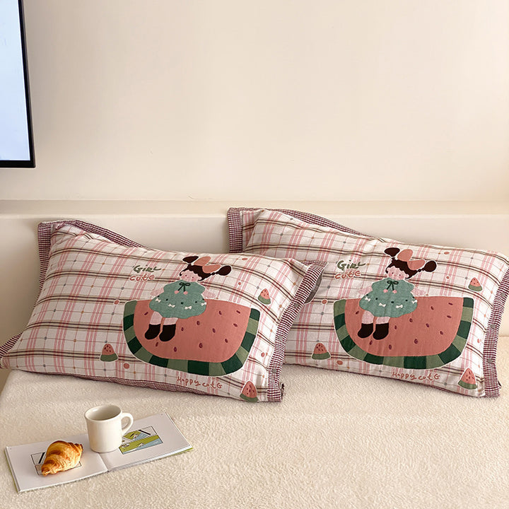 Kids' pillowcases with cute bear applique and checkered muslin look