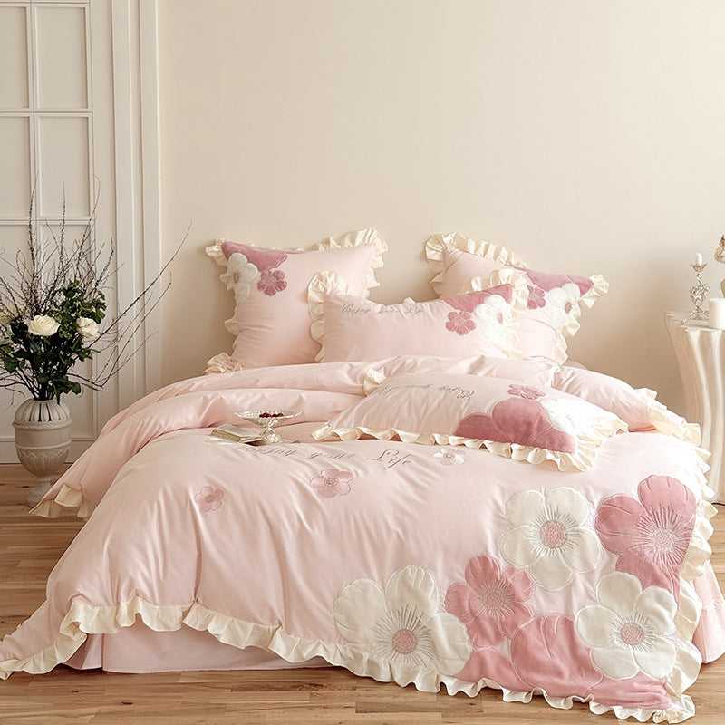 Floral Appliqué Ruffled Cotton Sateen Duvet Cover Set with Decorative Pillow Shams