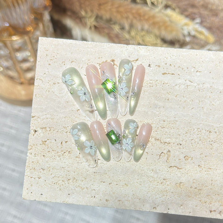 Floral Gemstone Stiletto Nail Set Stornfield