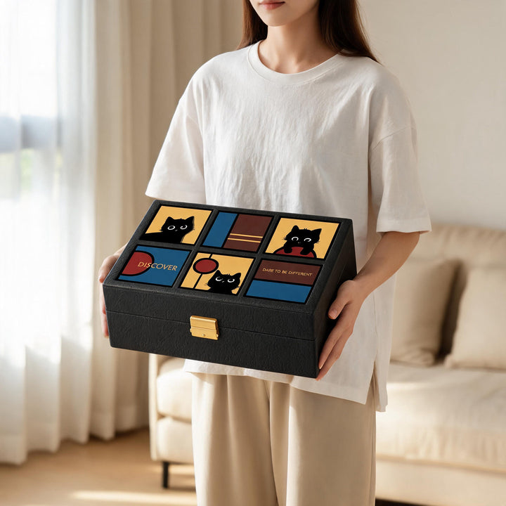 Deluxe PU Leather Jewelry Organizer Box with Cat Mosaic Lid and Secure Lock