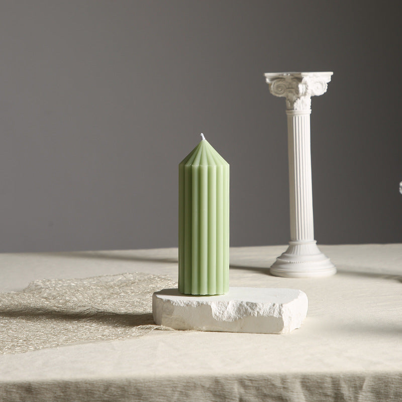 Vertical-Fluted Sculptural Pillar Candle with Pointed Faceted Top