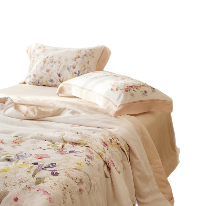 Elegant satin bedding set with floral watercolor print and ruffled bed skirt