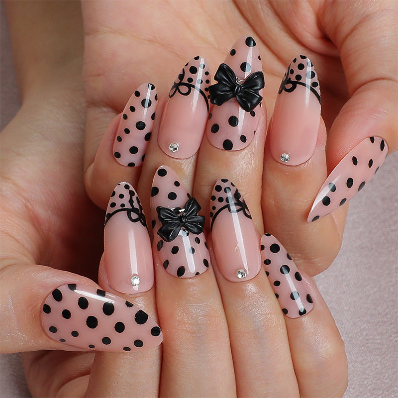 Artistic Press-On Nail Set with Polka Dot and Bow Designs Stornfield