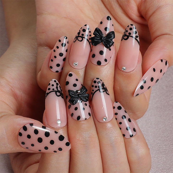 Artistic Press-On Nail Set with Polka Dot and Bow Designs Stornfield