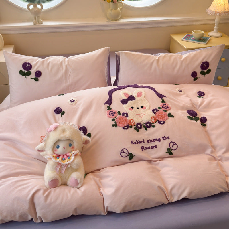 Plush Embroidered Cherry Motif Comforter and Pillow Sham Set