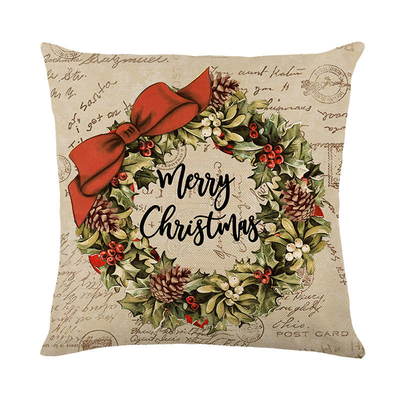 Vintage Christmas Linen-Cotton Throw Pillow Cover with Retro Santa Illustration