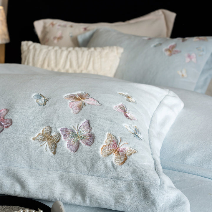 Embroidered Pastel Butterfly Washed Cotton-Linen Duvet Cover Ensemble