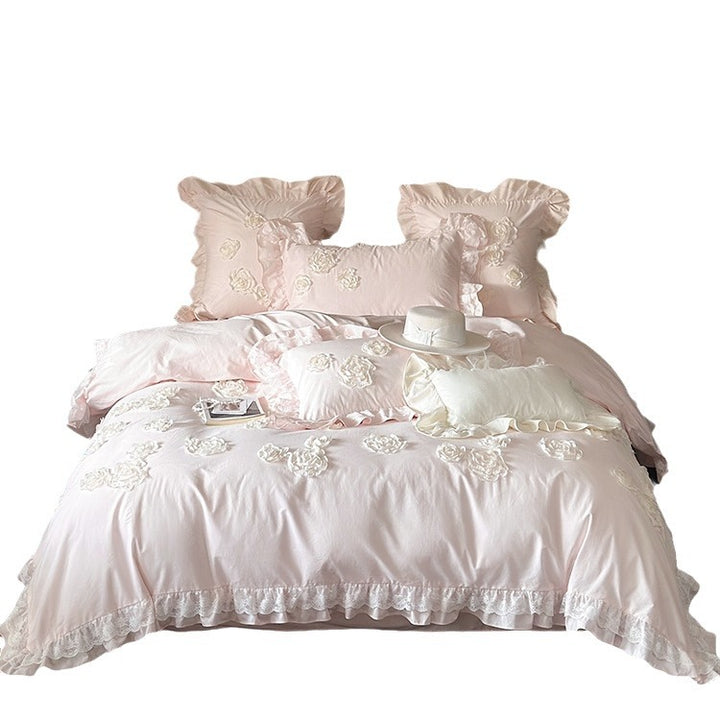 Romantic Ruffled Rose-Applique Cotton Sateen Duvet Cover Set with Lace-Trim Pillow Shams