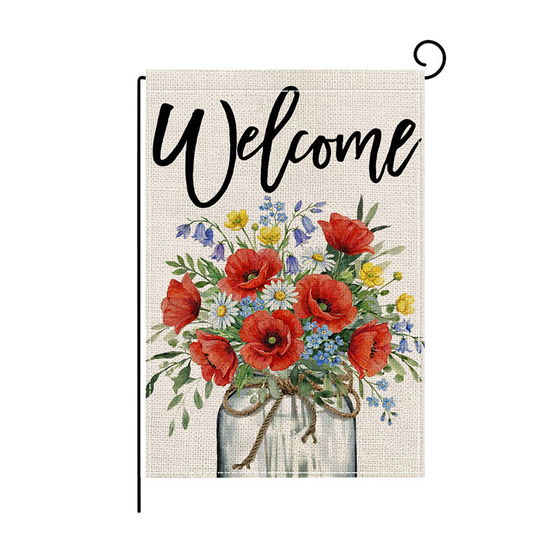 Outdoor Decorative Garden Flag Linen-Blend Welcome Poppy Design with Pole Sleeve