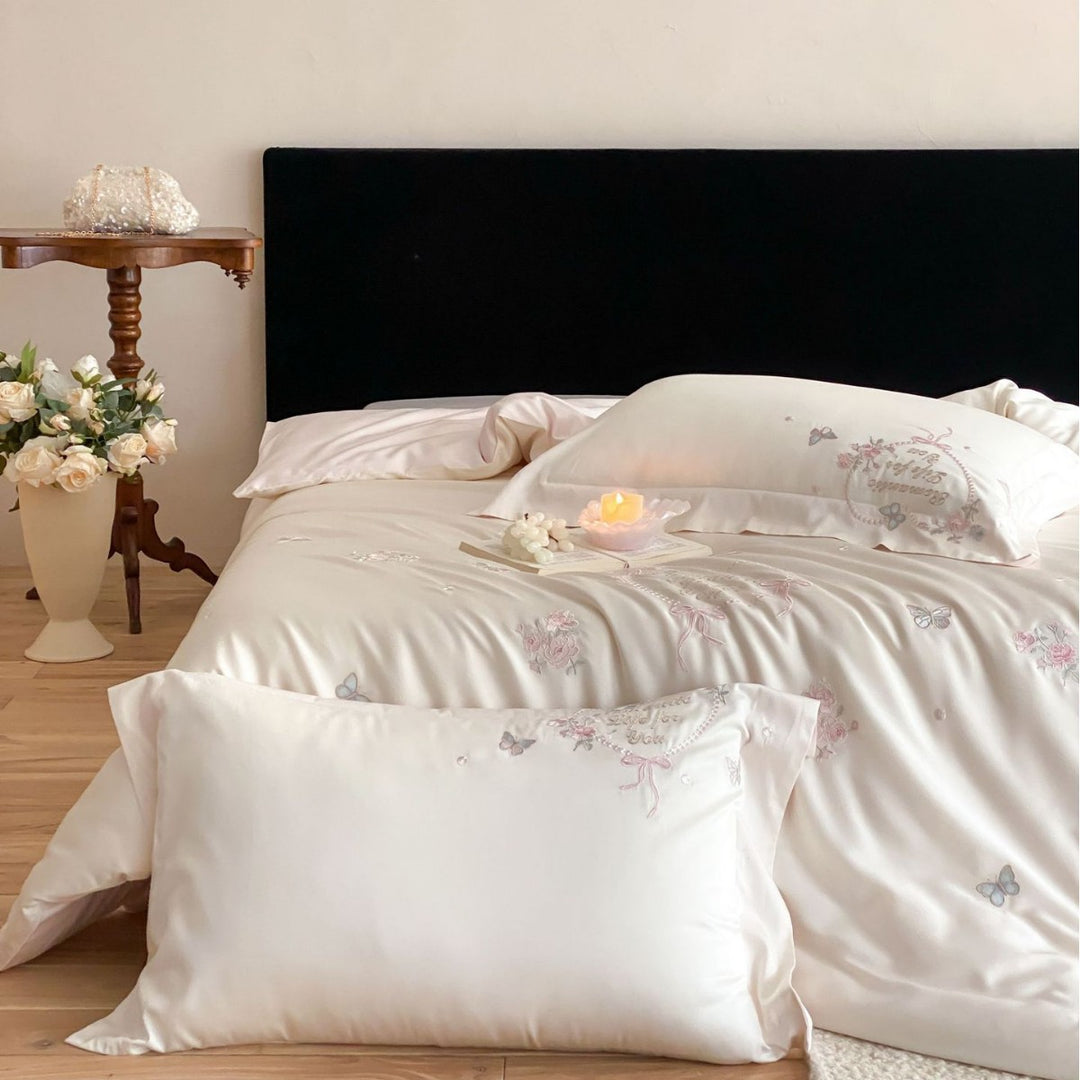 Silk-Feel Satin Embroidered Butterfly and Floral Duvet Cover Set with Pillowcases