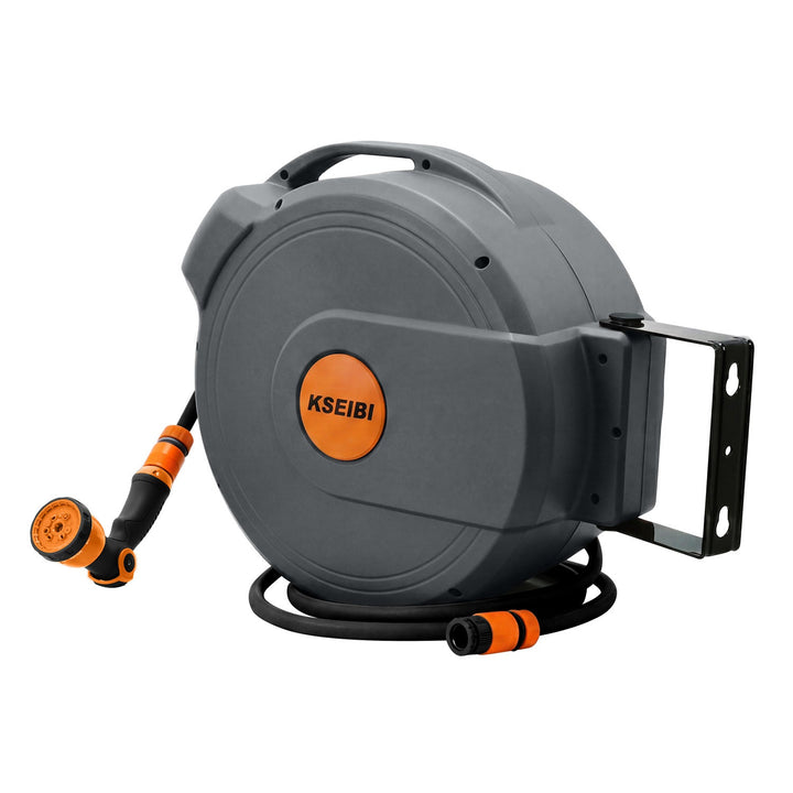 heavy-duty retractable wall-mounted garden hose reel with rubber hose and adjustable multi-pattern spray nozzle Stornfield