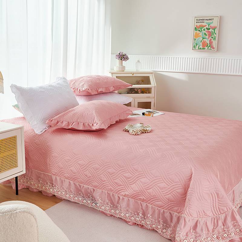 Quilted Ruffled Bedspread Set with Floral Embroidered Skirt and Pillow Shams