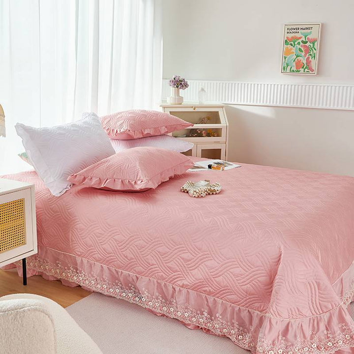 Quilted Ruffled Bedspread Set with Floral Embroidered Skirt and Pillow Shams