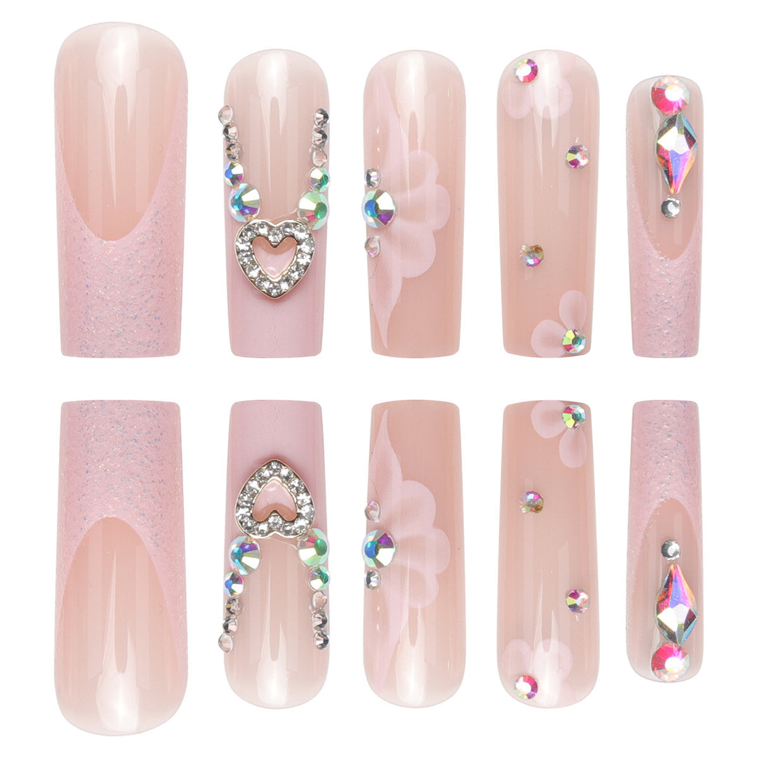 Decorative Long Press-On Nail Set with Floral and Gem Details Stornfield