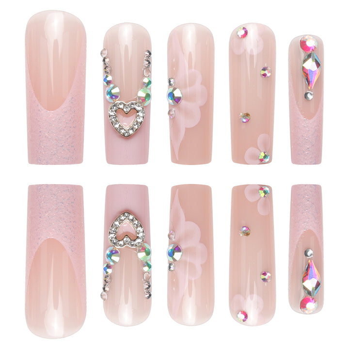 Decorative Long Press-On Nail Set with Floral and Gem Details Stornfield