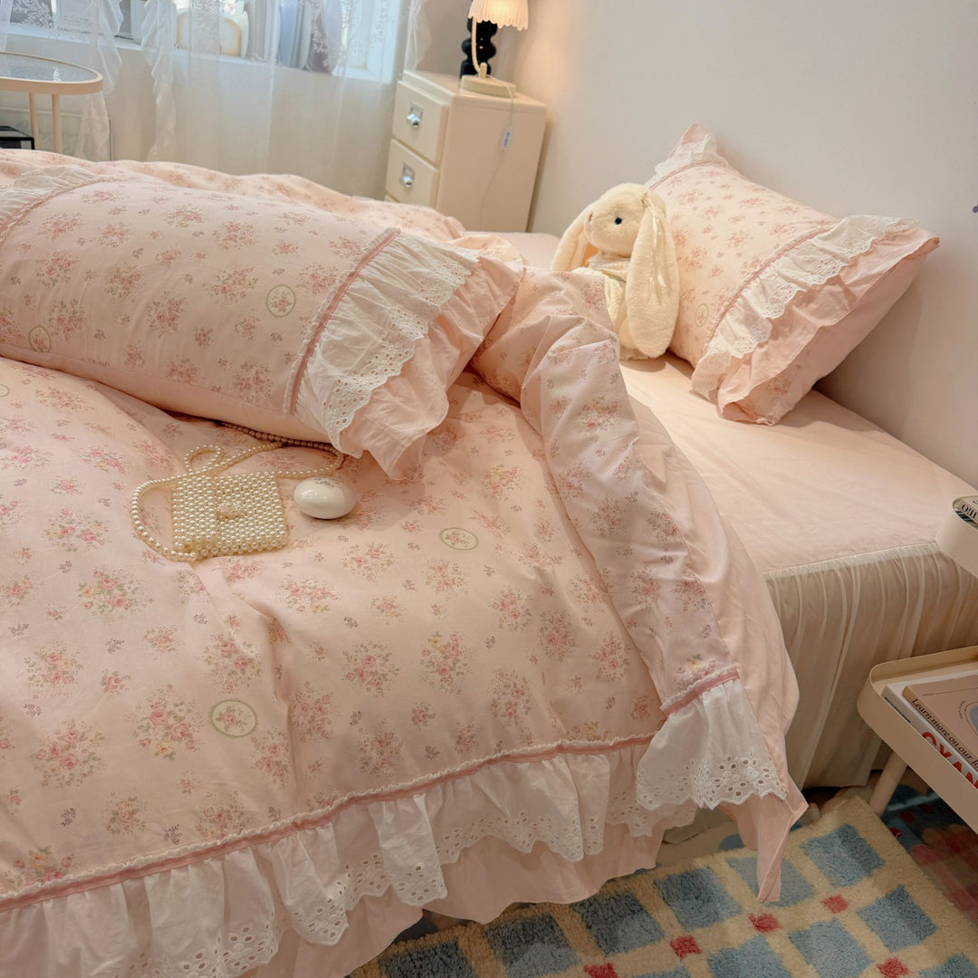Ruffled Floral Lace-Trim Duvet Cover Set with Pillow Shams