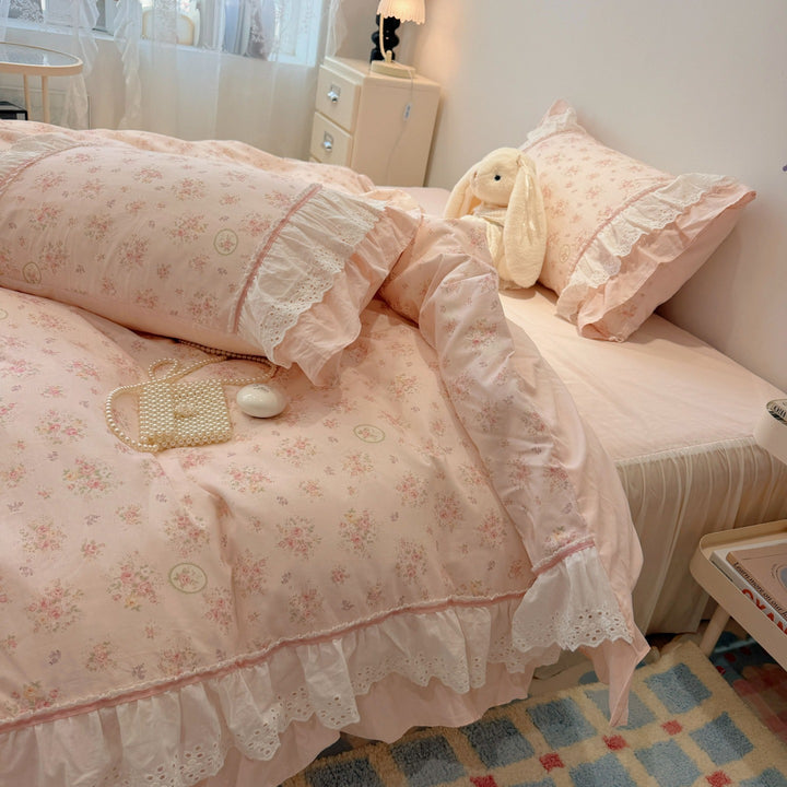Ruffled Floral Lace-Trim Duvet Cover Set with Pillow Shams