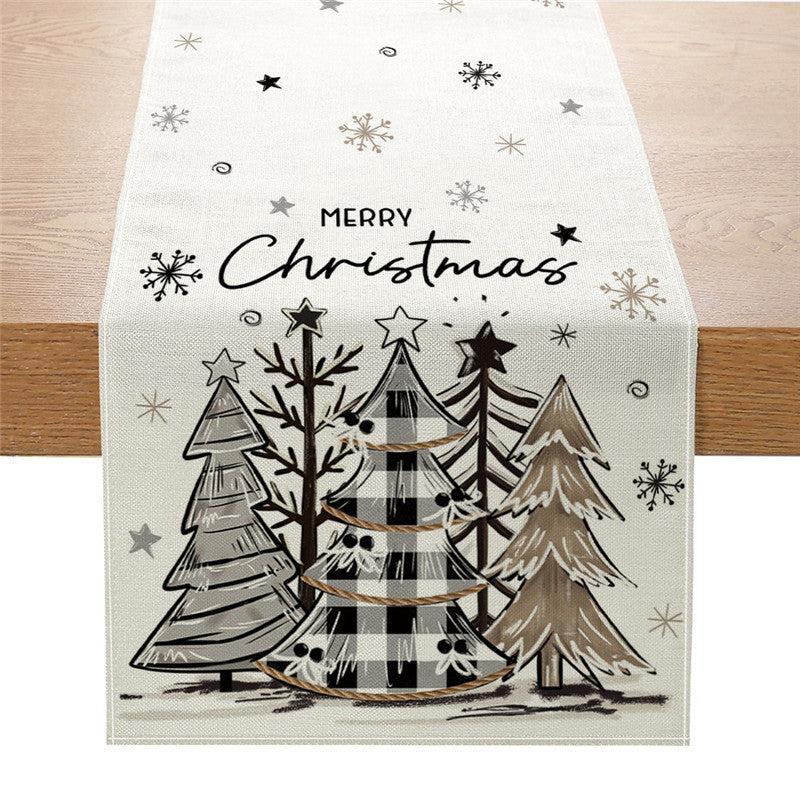 Festive Printed Cotton Linen Table Runner with Holiday Ornament Motif and Merry Christmas Script