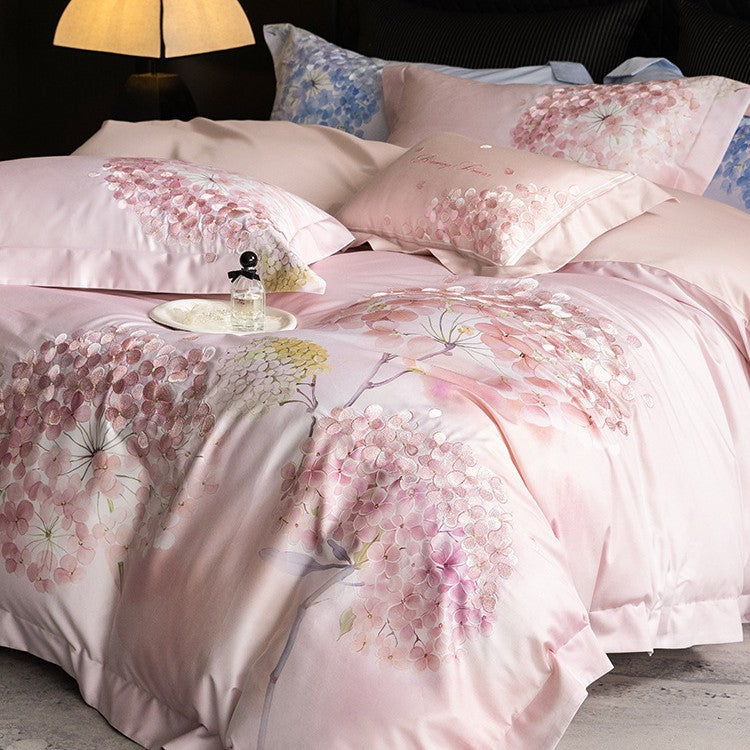 Silky Sateen Hydrangea-Print Duvet Cover Set with Reversible Back and Decorative Shams