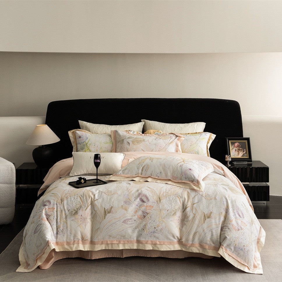 Botanical Cotton Sateen Duvet Cover Bedding Set with Contrast Border and Envelope Closure