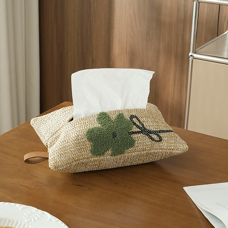Woven tissue box cover in straw look with embroidered flower motif Stornfield