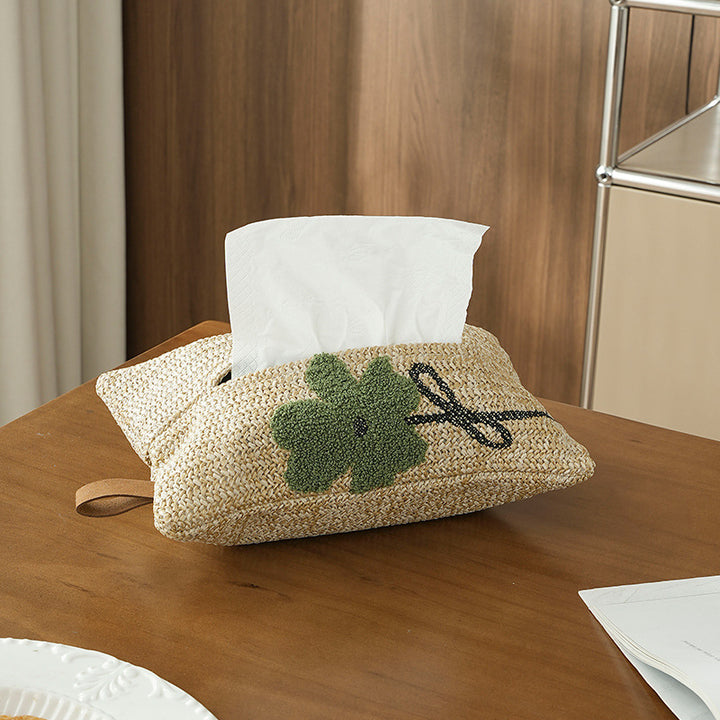 Woven tissue box cover in straw look with embroidered flower motif Stornfield